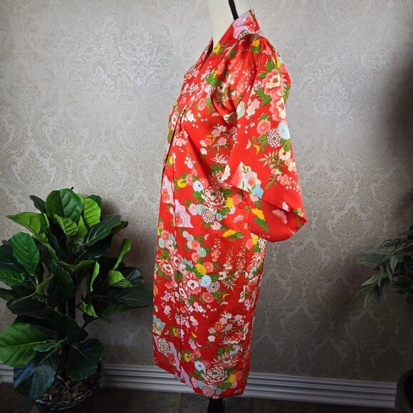 Vintage Japanese Open Kimono Size 40 (Fits S/M) Orange w/Floral Pattern - Picture 6 of 12